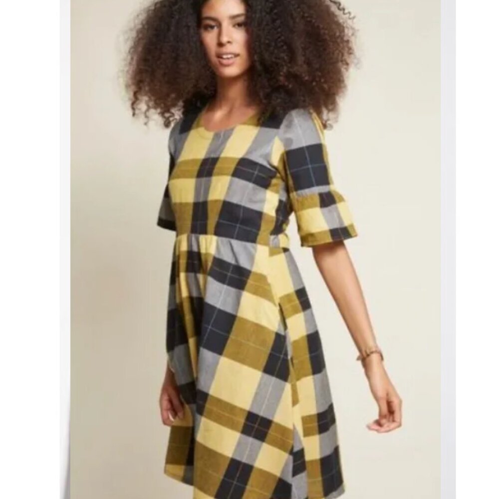 Mata Traders Yellow Black Gray Plaid A-Line Dress